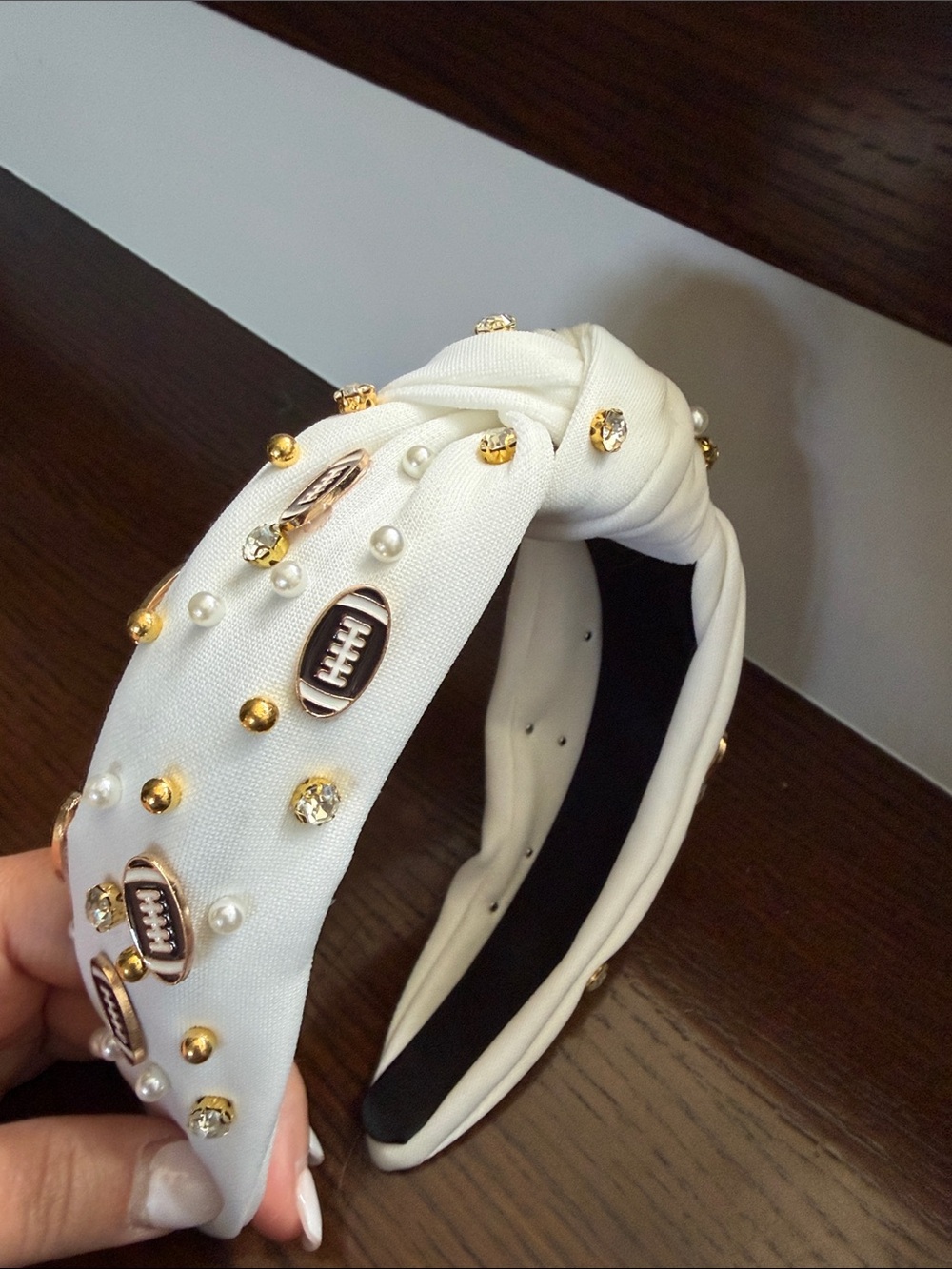White Knotted Headband with Pearls, Gold Studs & Football Charms